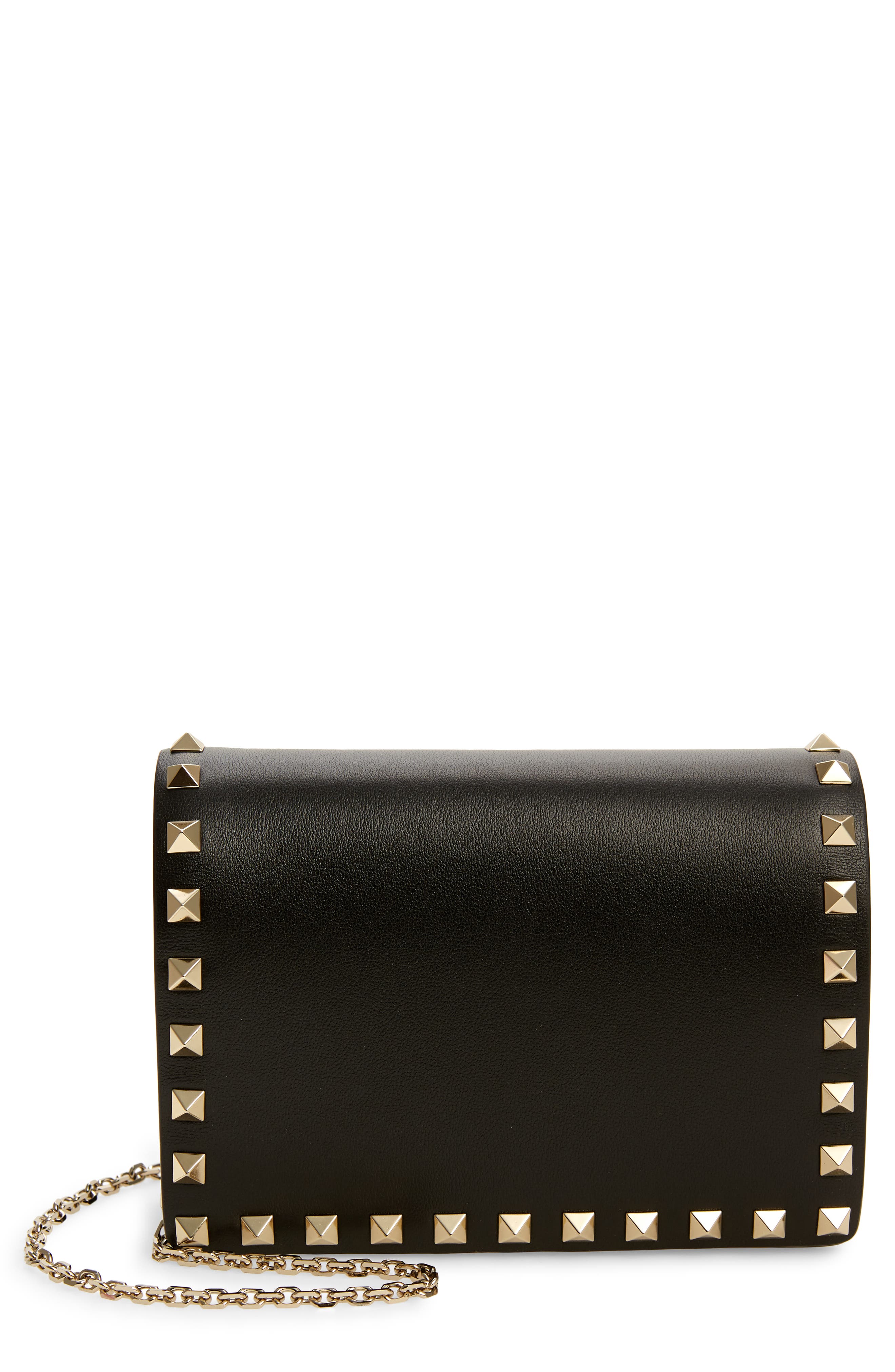 Rockstud metallic leather wallet on chain