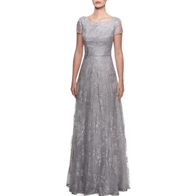 La Femme Sequin Floral Embroidered Gown, Metallic