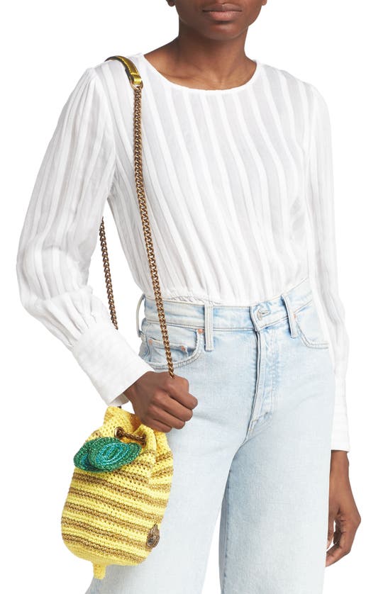 Shop Kurt Geiger London Lemon Metallic Crochet Bucket Bag In Yellow