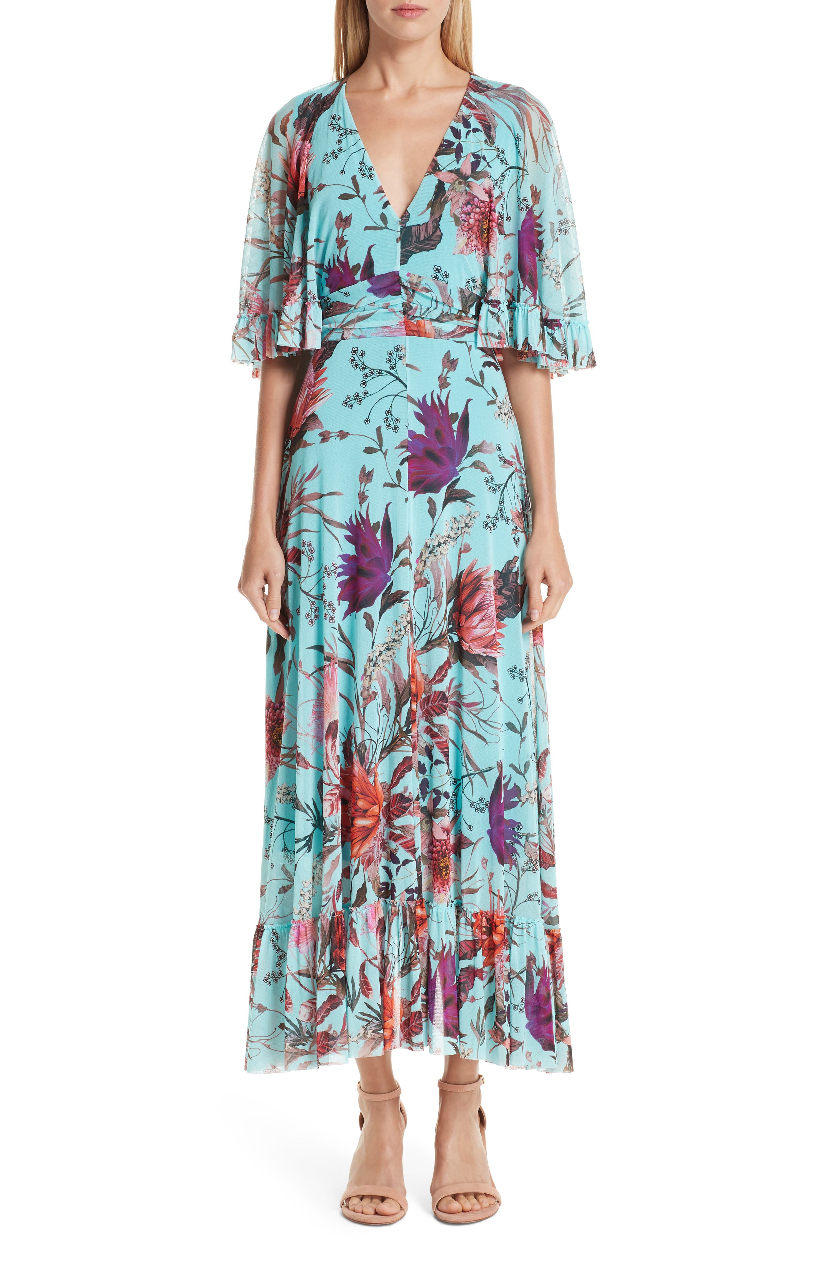 Fuzzi Floral Tulle Ruffle Maxi Dress, Blue