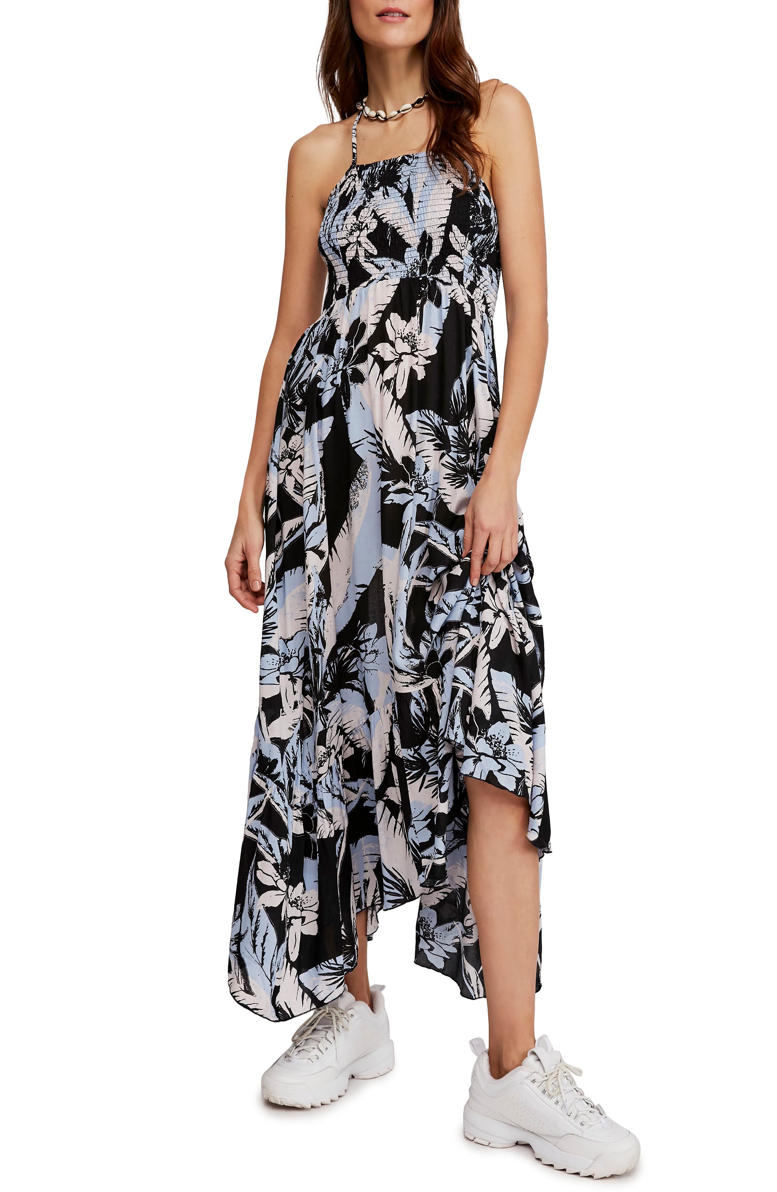 Free People Heat Wave Floral Print High/low Dress, Black
