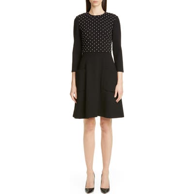 Lela Rose Embellished Bodice Stretch Wool A-Line Minidress, Black