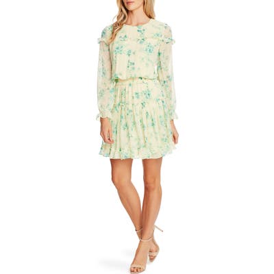 Cece Breezy Bouquet Clip Dot Ruffle Hem Long Sleeve Dress, Yellow
