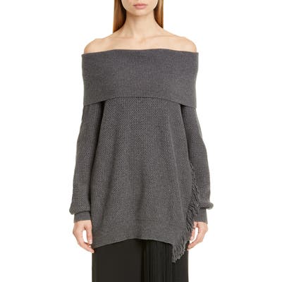 Stella Mccartney Fringe Trim Off The Shoulder Wool Sweater, US / 44 IT - Grey