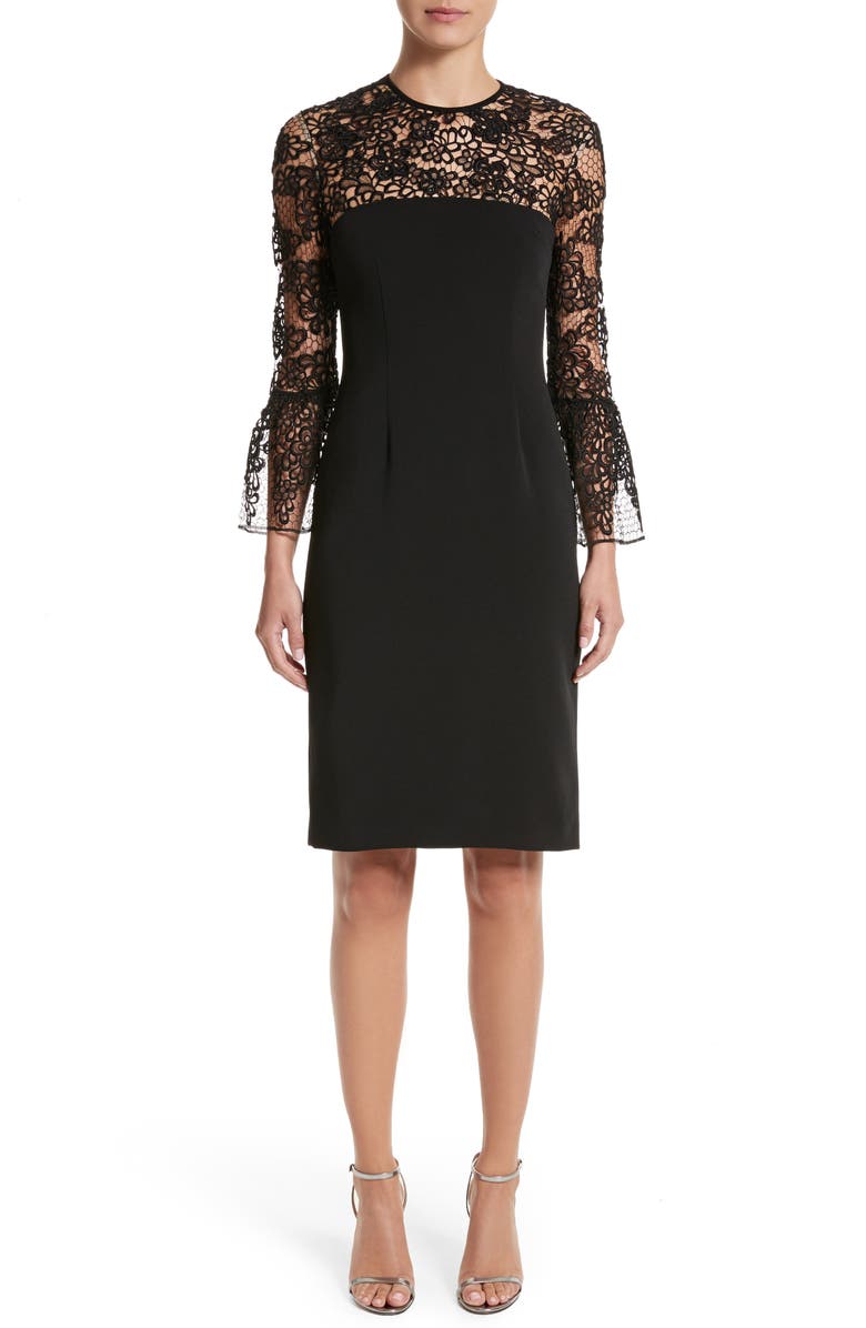 Carmen Marc Valvo Couture Embroidered Lace Bell Sleeve Sheath Dress ...