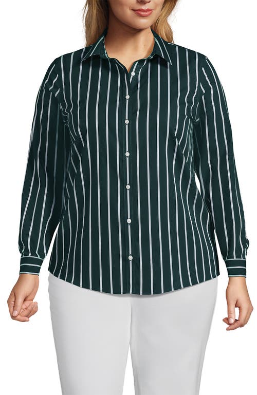 Shop Lands' End Plus Size No Iron Button Front Shirt In Deep Forest Wide Stripe