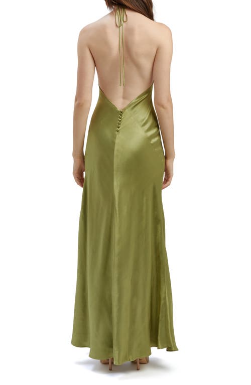 Bardot Yve Halter Open-back Front-slit Silky Maxi Dress In Khaki