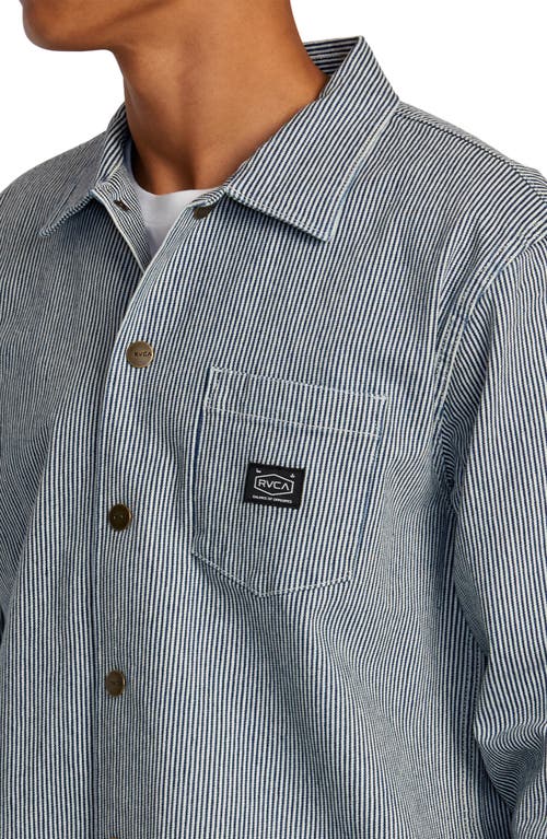 Rvca Hickory Stripe Cotton Overshirt In Blue Hickory