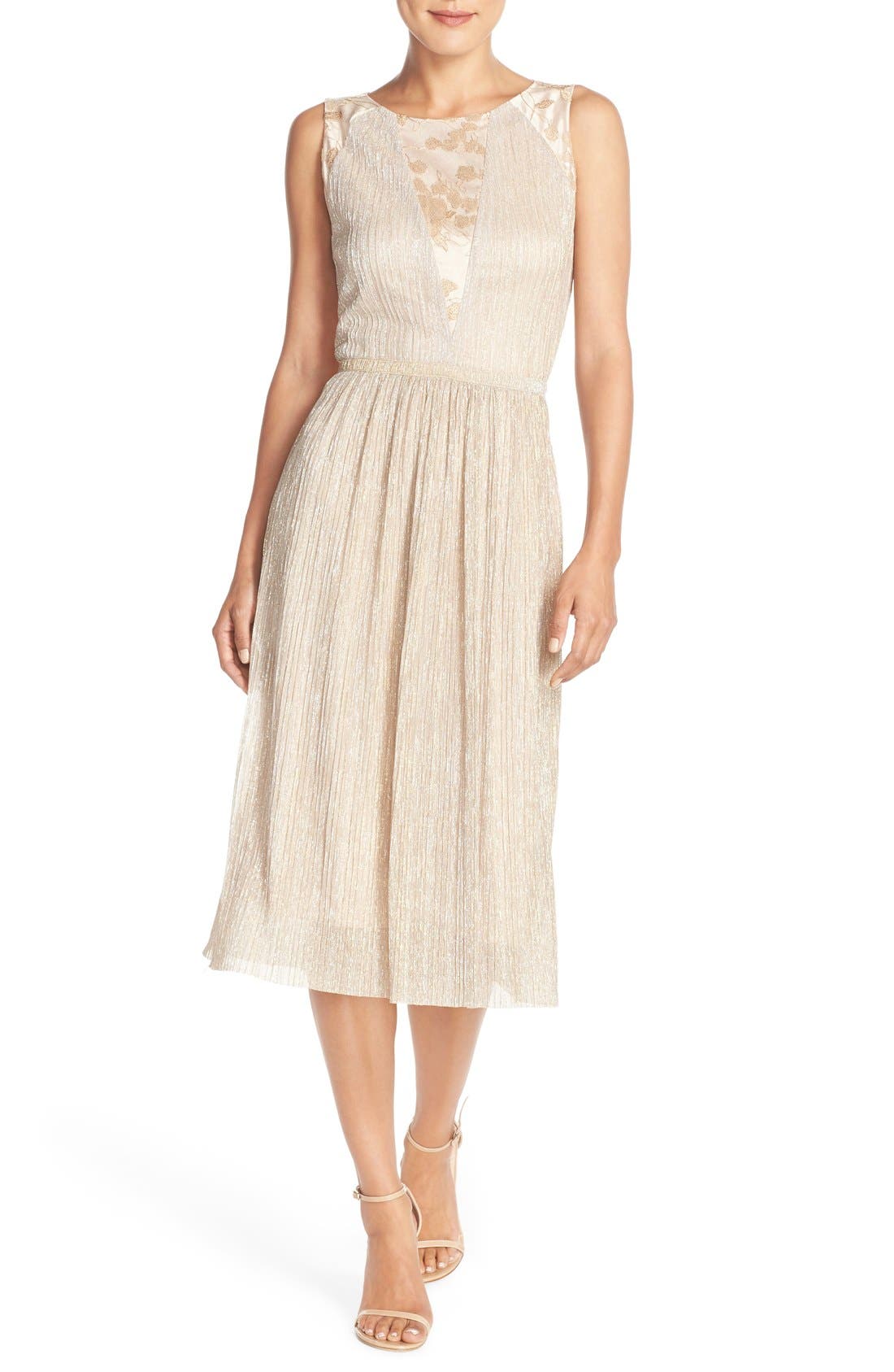 Tahari Pleated Metallic Jacquard Illusion Midi Dress Nordstrom