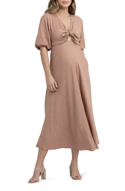 Ripe Maternity Camille Tie Front Linen Blend Maternity Dress in Clay at Nordstrom, Size Large