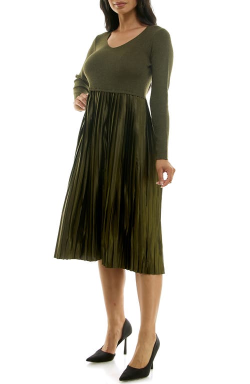 Nina Leonard Long Sleeve Mixed Media Dress In Dark Olive Lurex