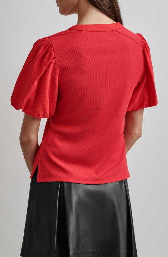 Shop Dkny Puff Sleeve Mixed Media Henley Top In Flame