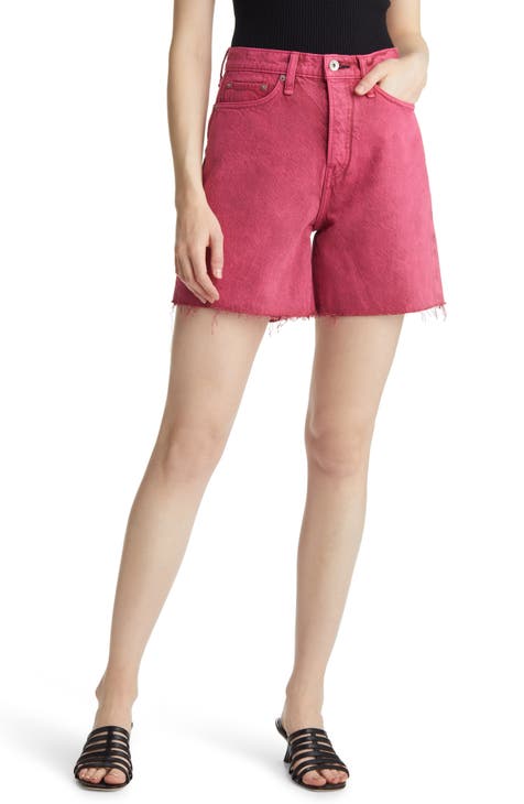 Maya High Waist Raw Hem Denim Shorts (Bright Fuchsia)