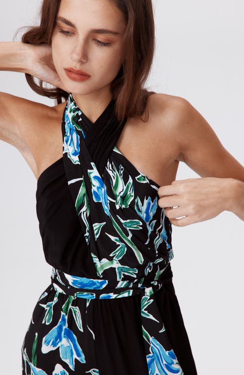 Shop Diane Von Furstenberg Cort Mixed Print Halter Jumpsuit In Tulip Fields Blue/black