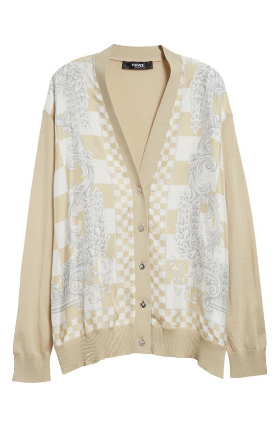 Shop Versace Check Silk & Cotton Cardigan In Light Sand