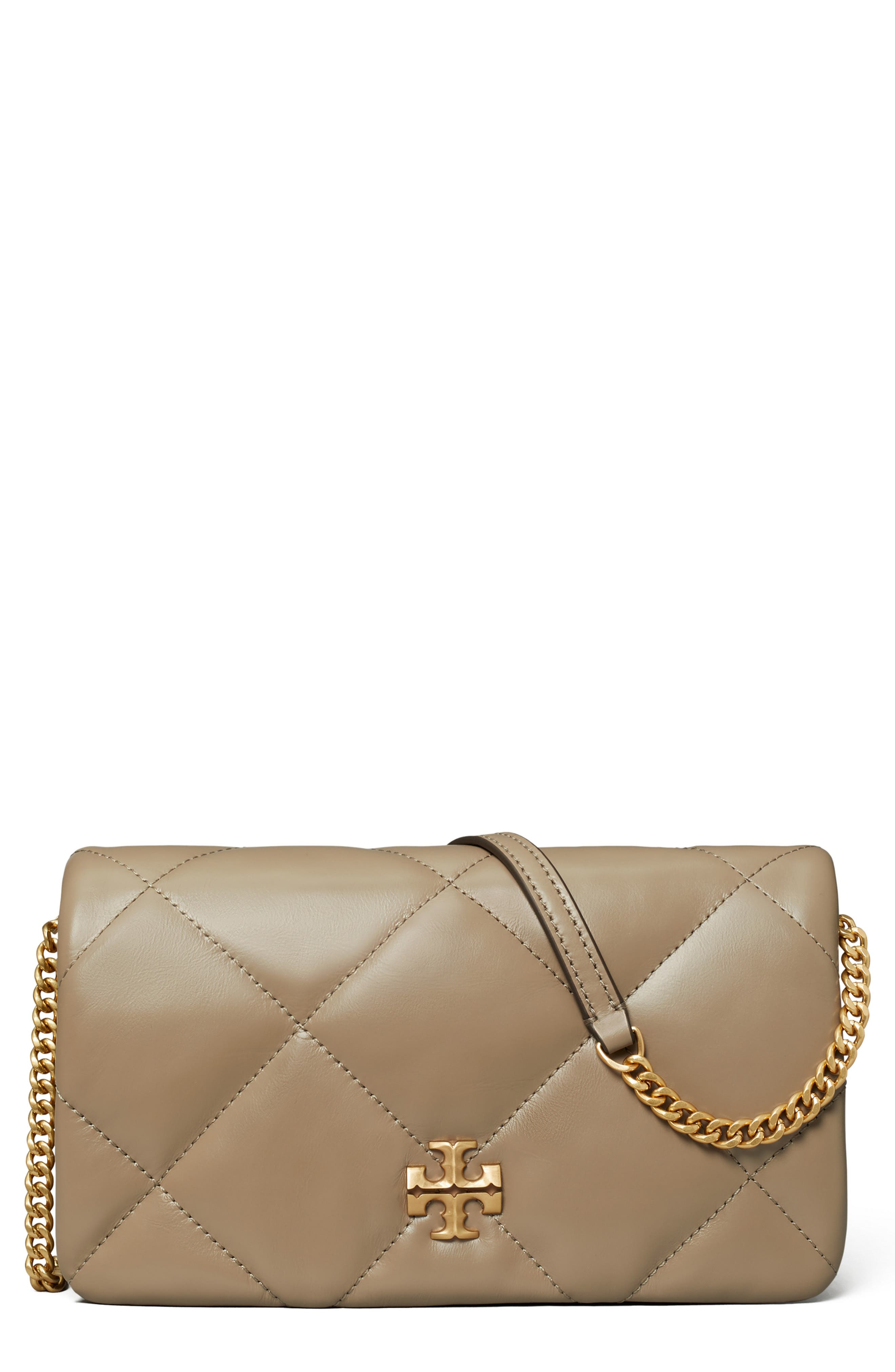 Tory Burch Kira Diamond Quilted Leather Wallet On Chain In Taupe Oak