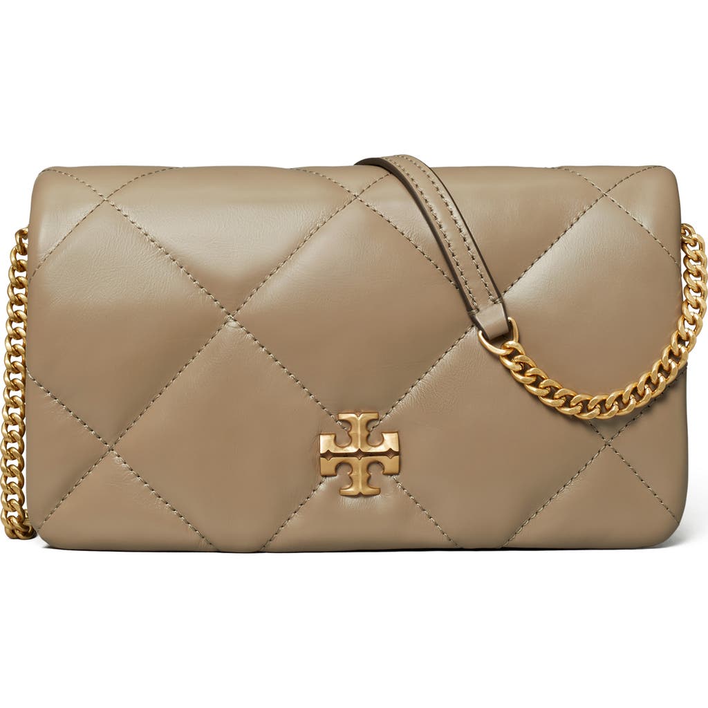 Tory Burch Kira Diamond Quilted Leather Wallet On Chain In Taupe Oak