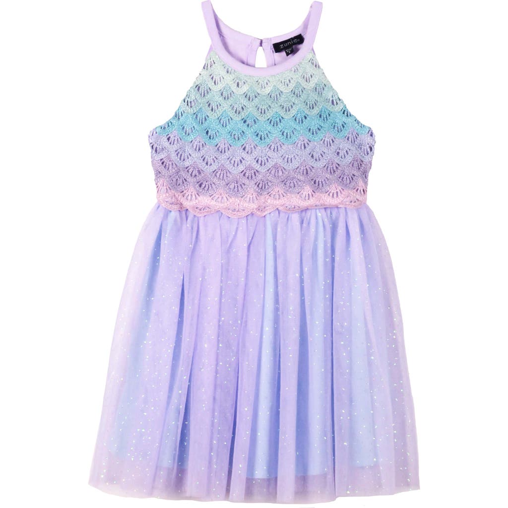 Shop Zunie Kids' Mermaid Ombré Crochet Bodice Tulle Dress In Lilac/blue