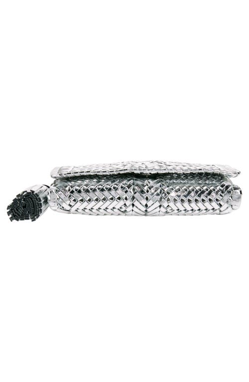 Anya Hindmarch The Neeson Herringbone Woven Metallic Leather Tassel Clutch In Silver
