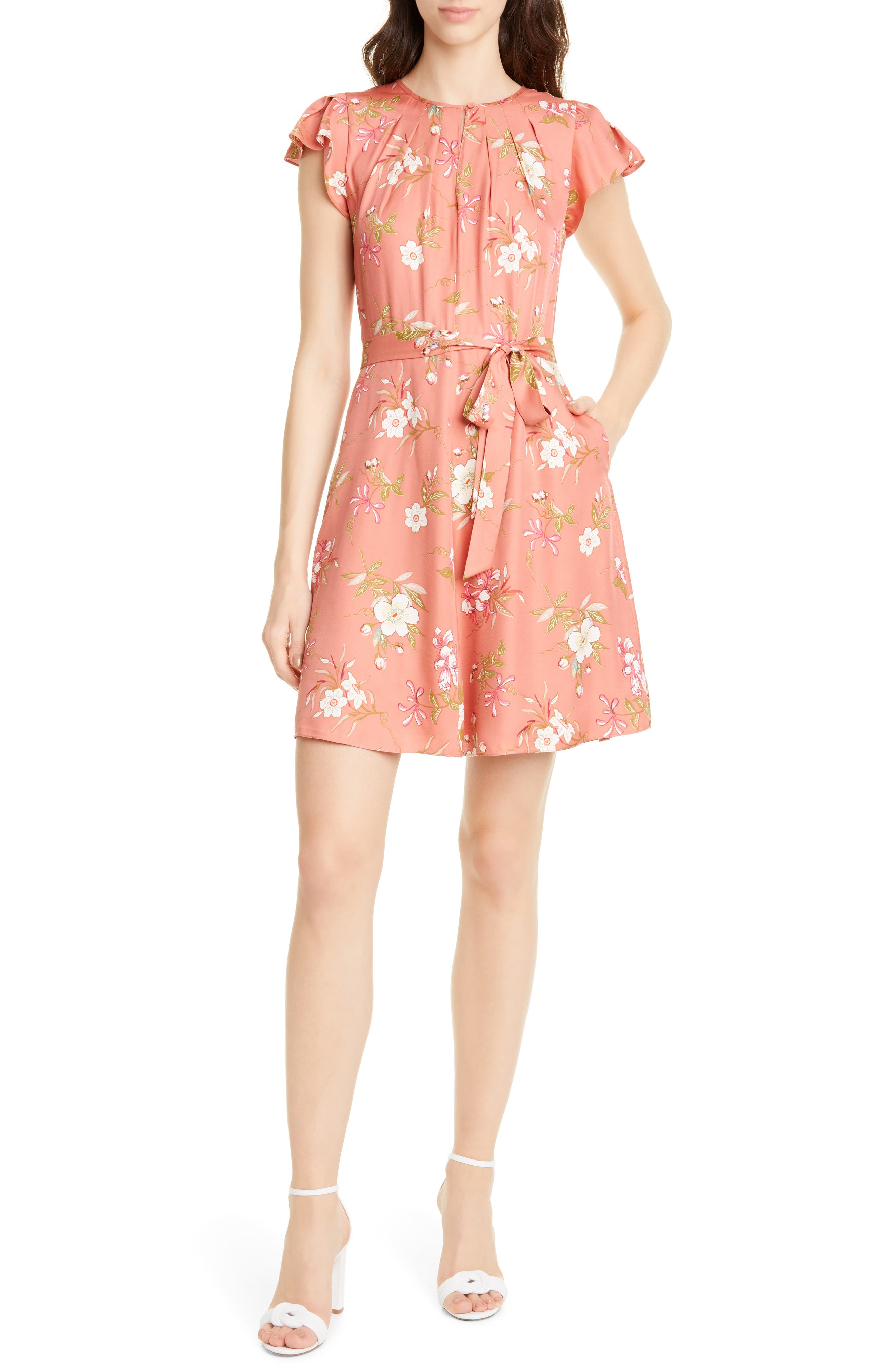 Rebecca Taylor Lita Floral Print Silk Blend Dress, Orange