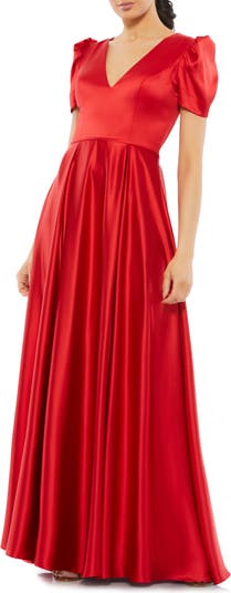 Puff Sleeve Satin A Line Gown