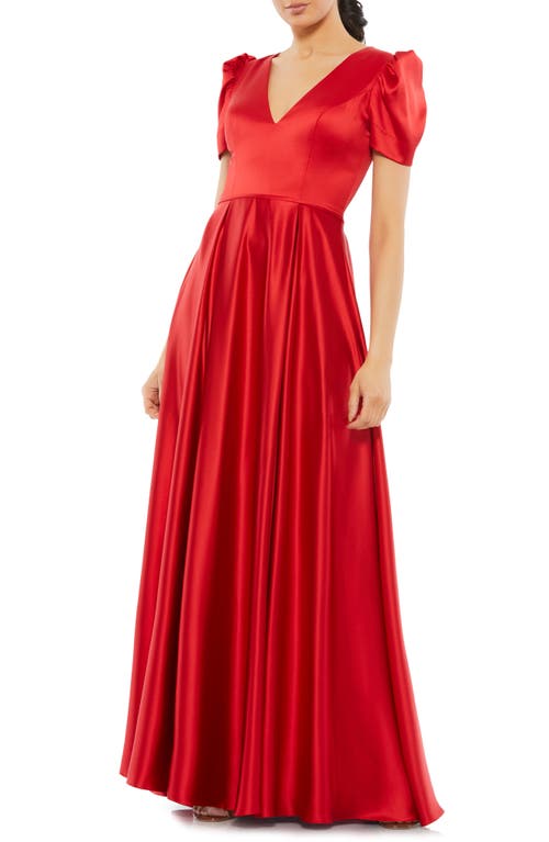 Mac Duggal Puff Sleeve Satin A-Line Gown Red at Nordstrom,