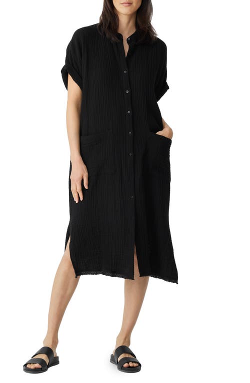 Eileen Fisher Band Collar Organic Cotton Gauze Shirtdress in Black