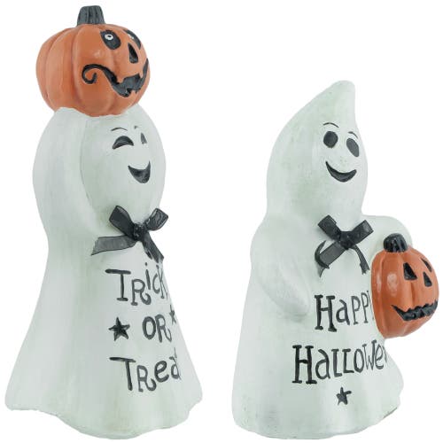 Northlight Ghost And Pumpkin "happy Halloween" And "trick Or Treat" Figurines In White