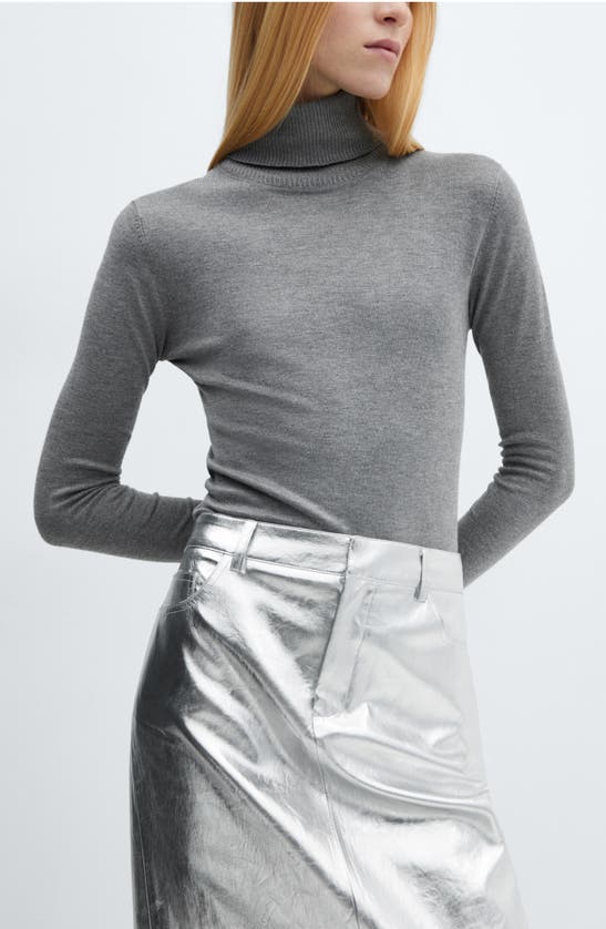 Shop Mango Metallic Faux Leather Midi Skirt In Silver
