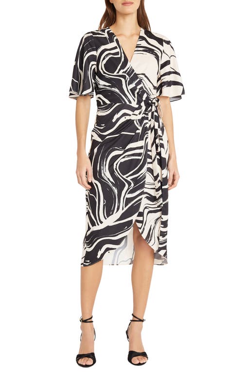 Donna Morgan For Maggy Reverse Print Wrap Midi Dress In Black/cream