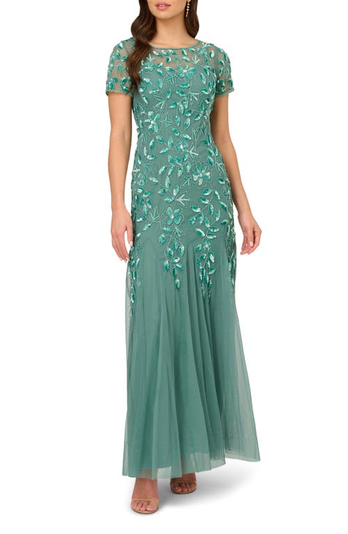 ADRIANNA PAPELL ADRIANNA PAPELL FLORAL EMBROIDERED BEADED TRUMPET GOWN