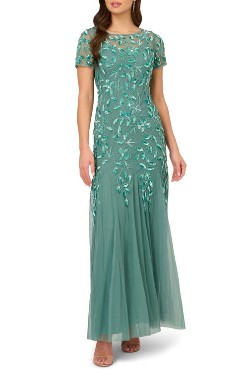 Adrianna Papell Floral Embroidered Beaded Trumpet Gown in Green Slate 