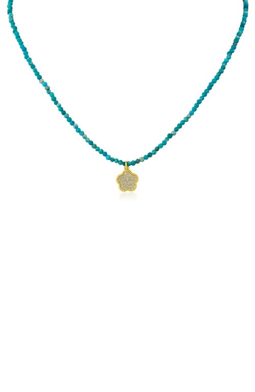 Shop Cz By Kenneth Jay Lane Cz Pavé Clover Glass Bead Necklace In Turquoise/gold
