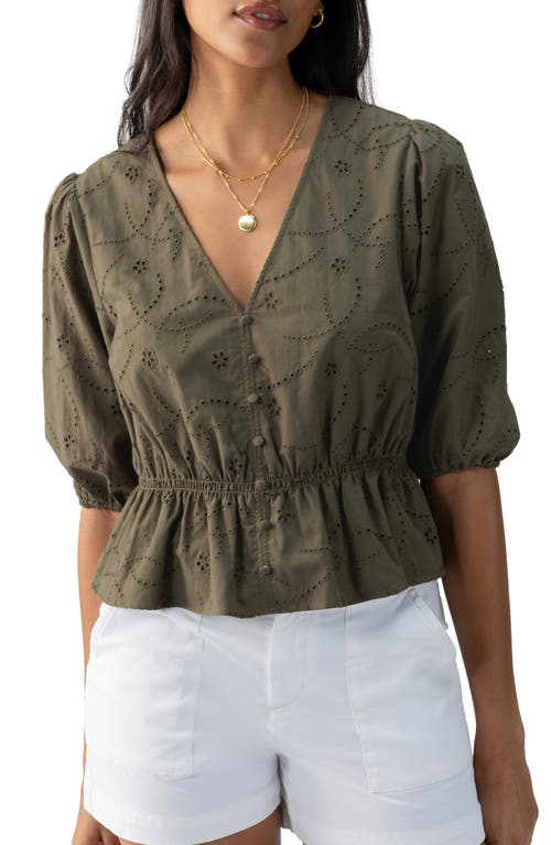 Eyelet Embroidered Peplum Cotton Top in Burnt Olive
