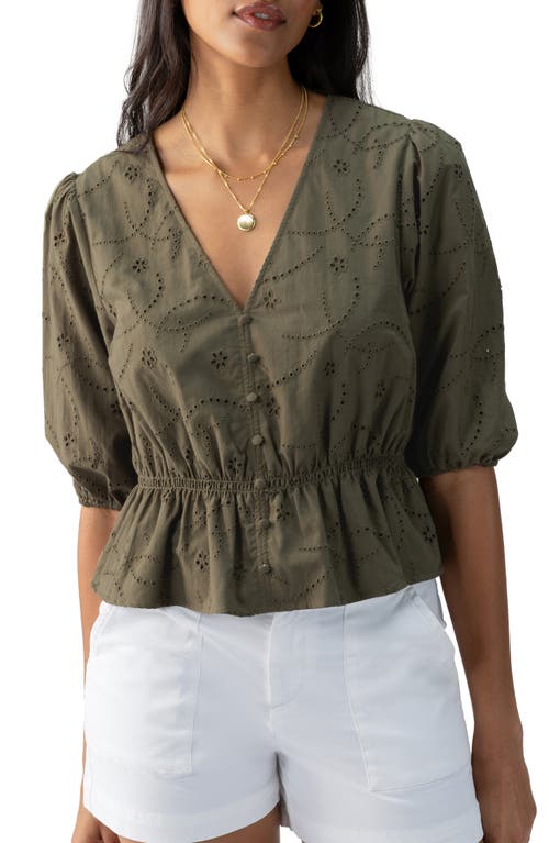 Sanctuary Eyelet Embroidered Peplum Cotton Top Burnt Olive at Nordstrom,