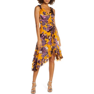 Harlyn Burnout Asymmetrical Satin Dress, Yellow