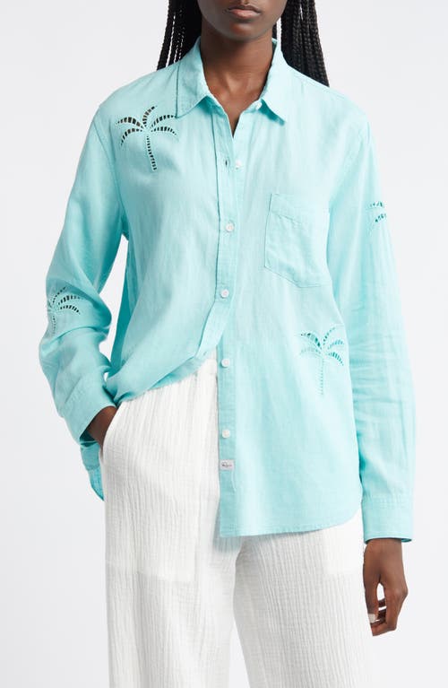 Rails Charli Lattice Palm Linen Blend Button-Up Shirt Aqua Tree Eyelet at Nordstrom,