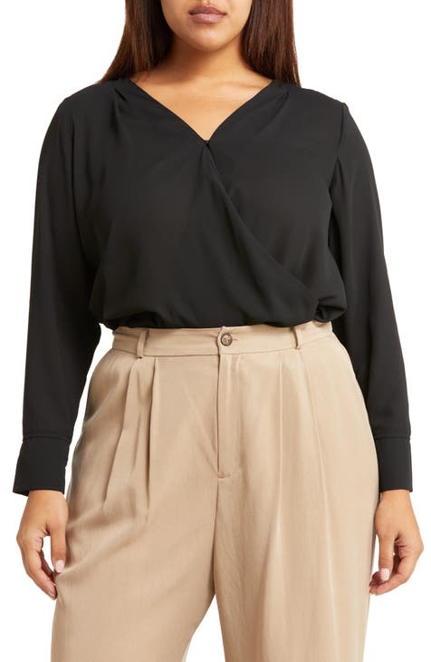 Apricot Plus Size Surplice Long Sleeve Top and Pants Set