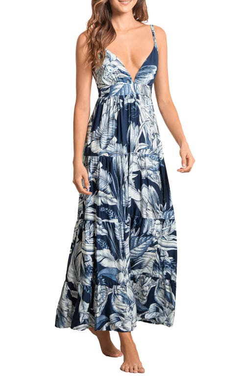 Juliette Calla Lily Tiered Plunge Neck Cover-Up Dress in Blue