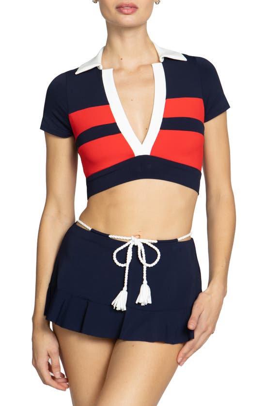 Shop Robin Piccone Baby Short Sleeve Bikini Top In Navy Combo