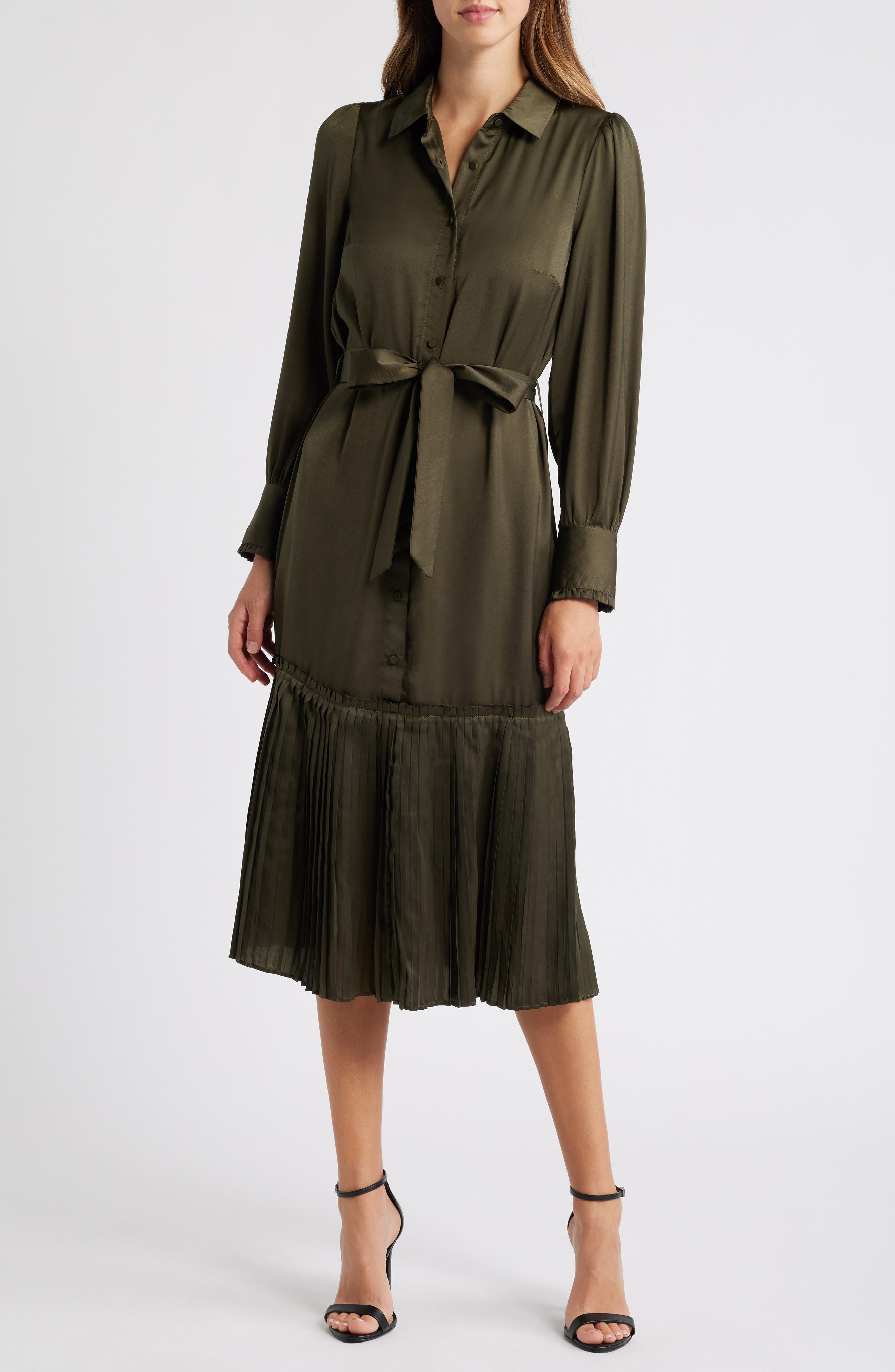 Adelyn Rae Long Sleeve Satin Shirtdress in Olive Green 