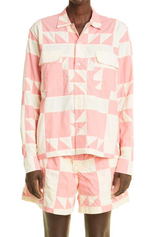 Bode Bear's Paw Pink Quilt Long Sleeve Cotton Shirt in Pink White