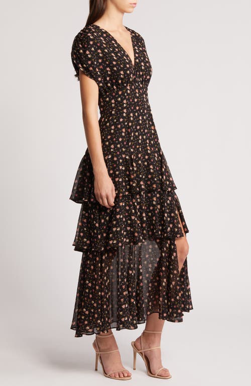 Shop Charles Henry Floral Print Tiered Chiffon Maxi Dress In Black Ditsy