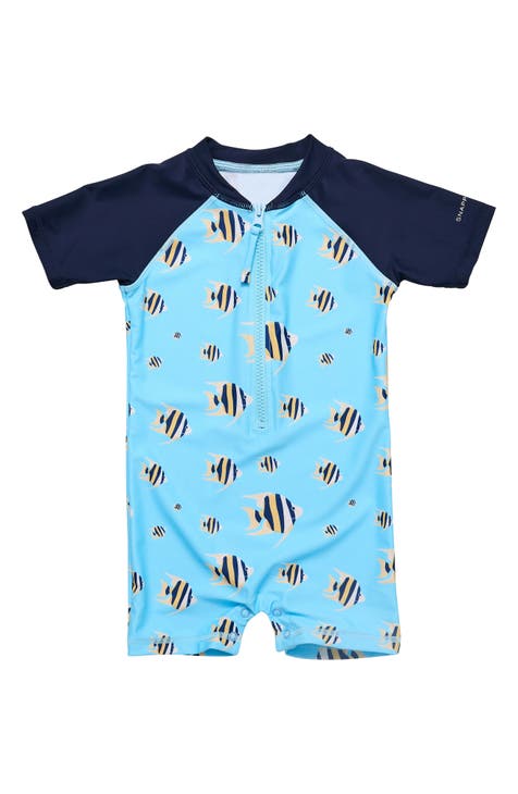 One-Piece Boys Kids Swimming Suit Blue Short Sleeve Swimwear Shark Beach  Wear
