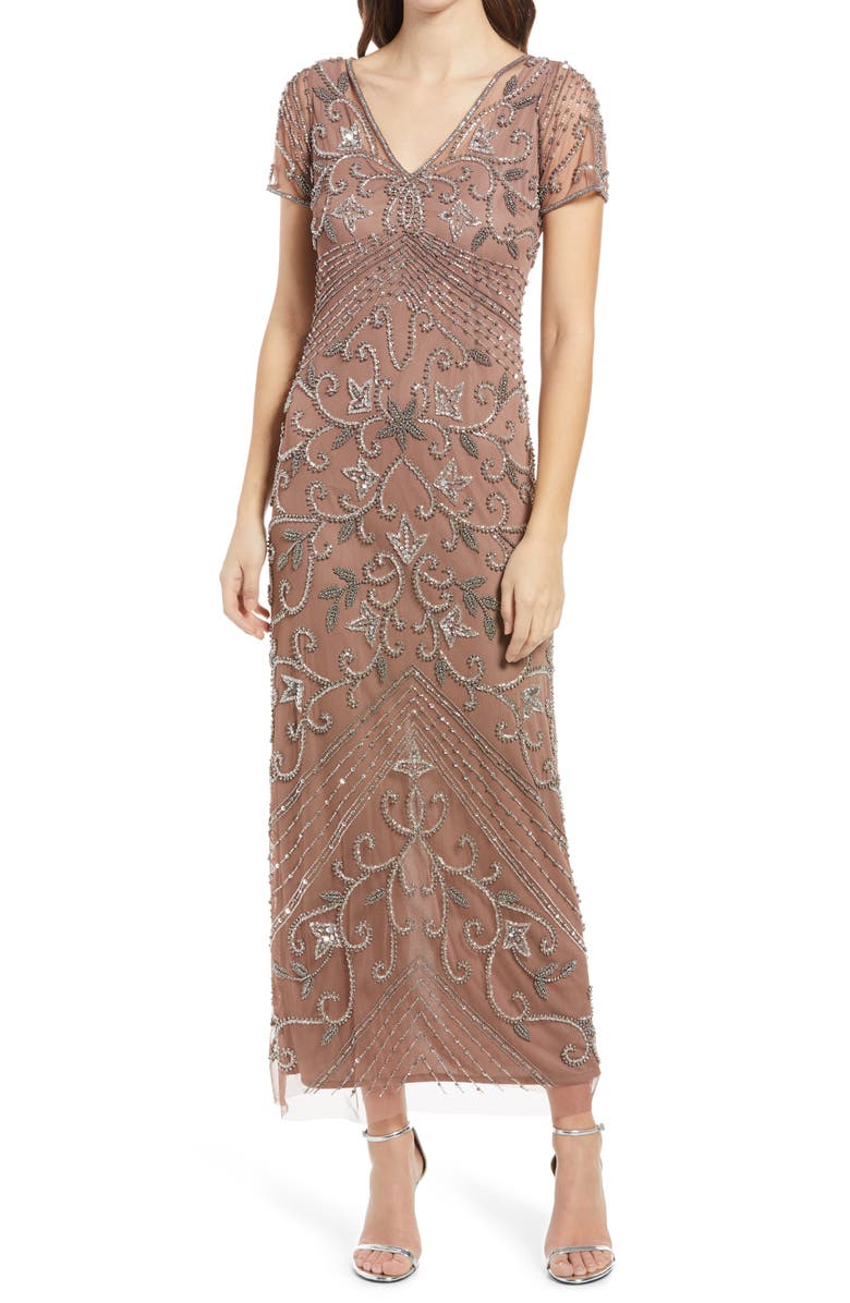 PISARRO NIGHTS Beaded Mesh Column Gown, Main, color, MAUVE