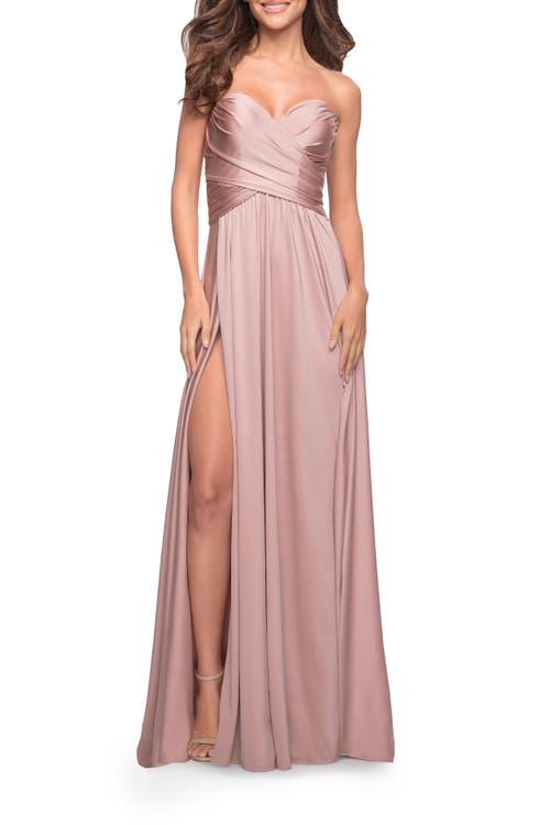 Shop La Femme Simple Strapless Jersey Dress With High Slit In Mauve