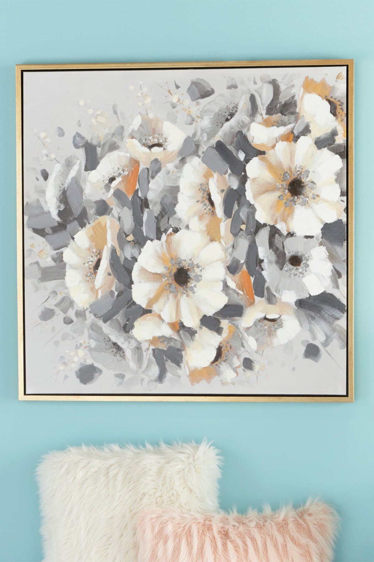 Cosmoliving By Cosmopolitan Large Square Gray Gold White Flower Acrylic Framed Painting Hautelook