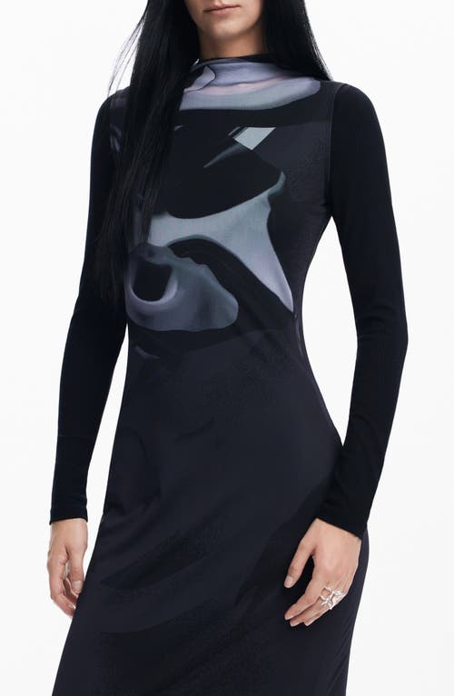 Shop Desigual Lincoln Abstract Print Long Sleeve Mesh Dress In Black