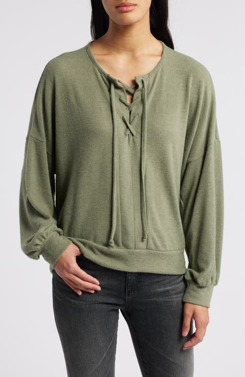 Loveappella Lace-up Knit Top In Olive