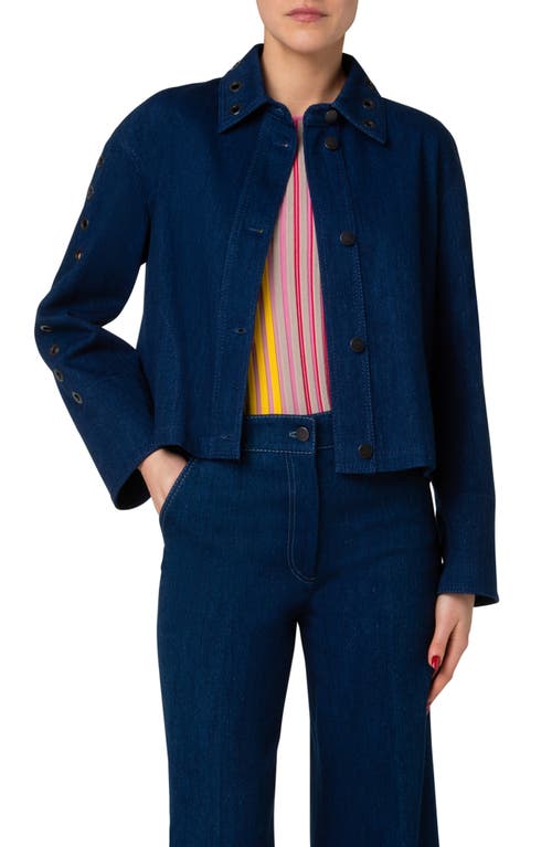 Akris Punto Grommet Eyelet Embellished Cotton Denim Stretch A-line Jacket In Ink Denim